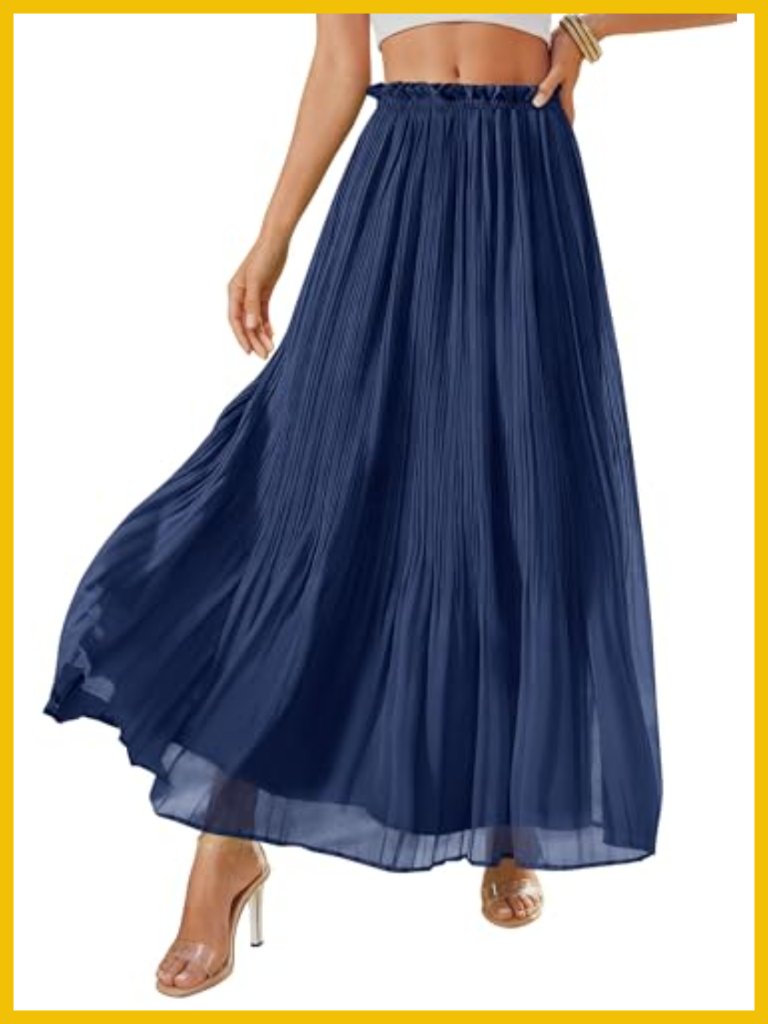 High Waisted Pleated Midi Skirt Flowy Chiffon A-Line Summer Beach Vacation
